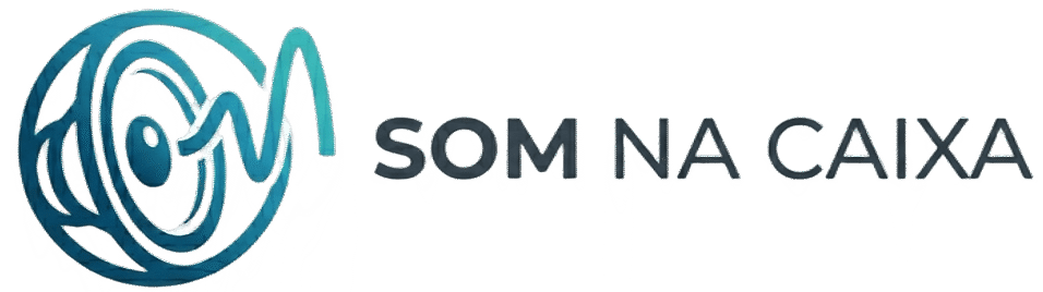 Logotipo oficial do Som na Caixa, apresentando o nome da marca com elementos visuais modernos que remetem a ondas sonoras e caixas de som de alta fidelidade.